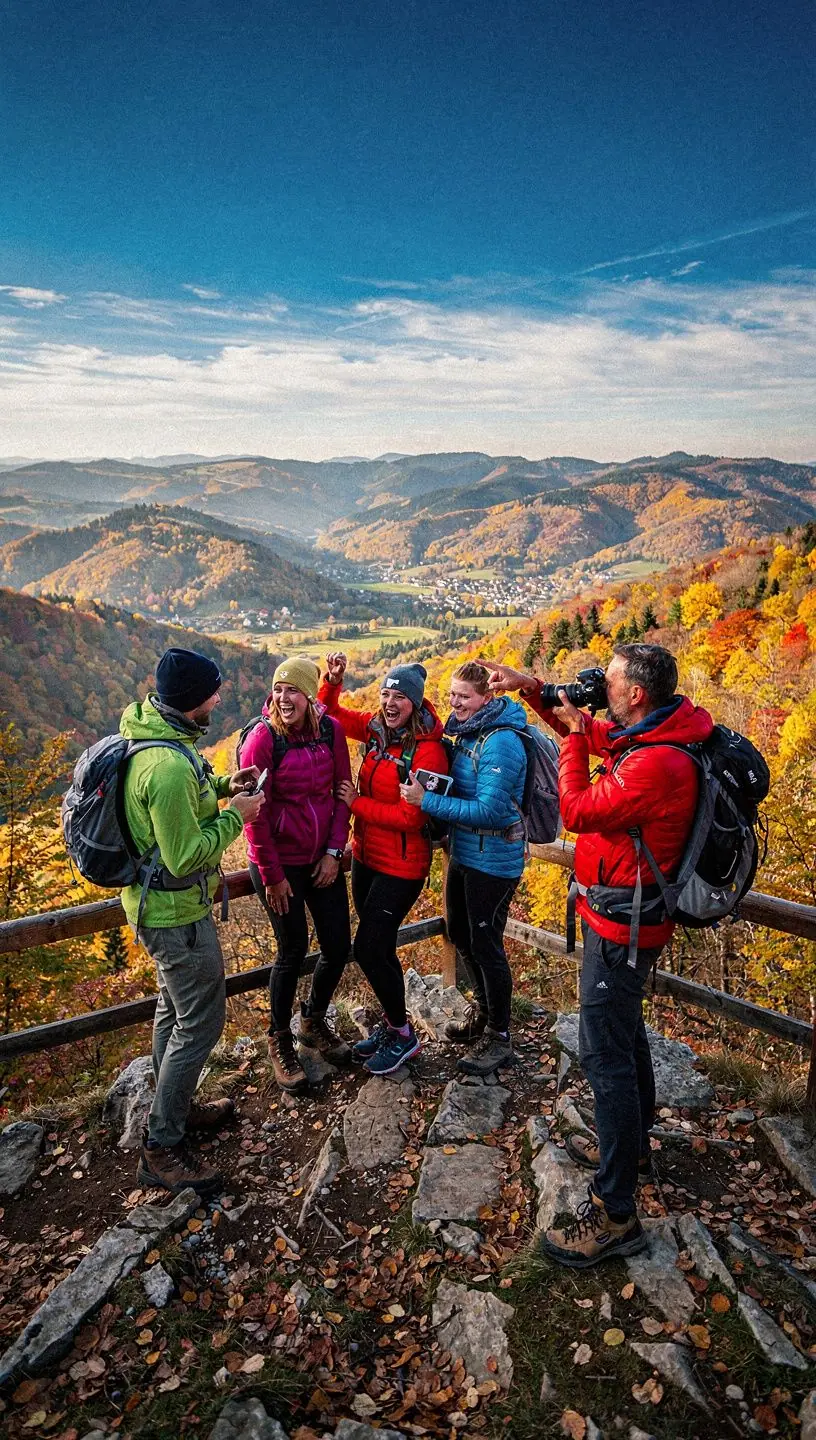 Tourists enjoying a picturesque picnic at a designated stop with stunning views of rolling hills and valleys.