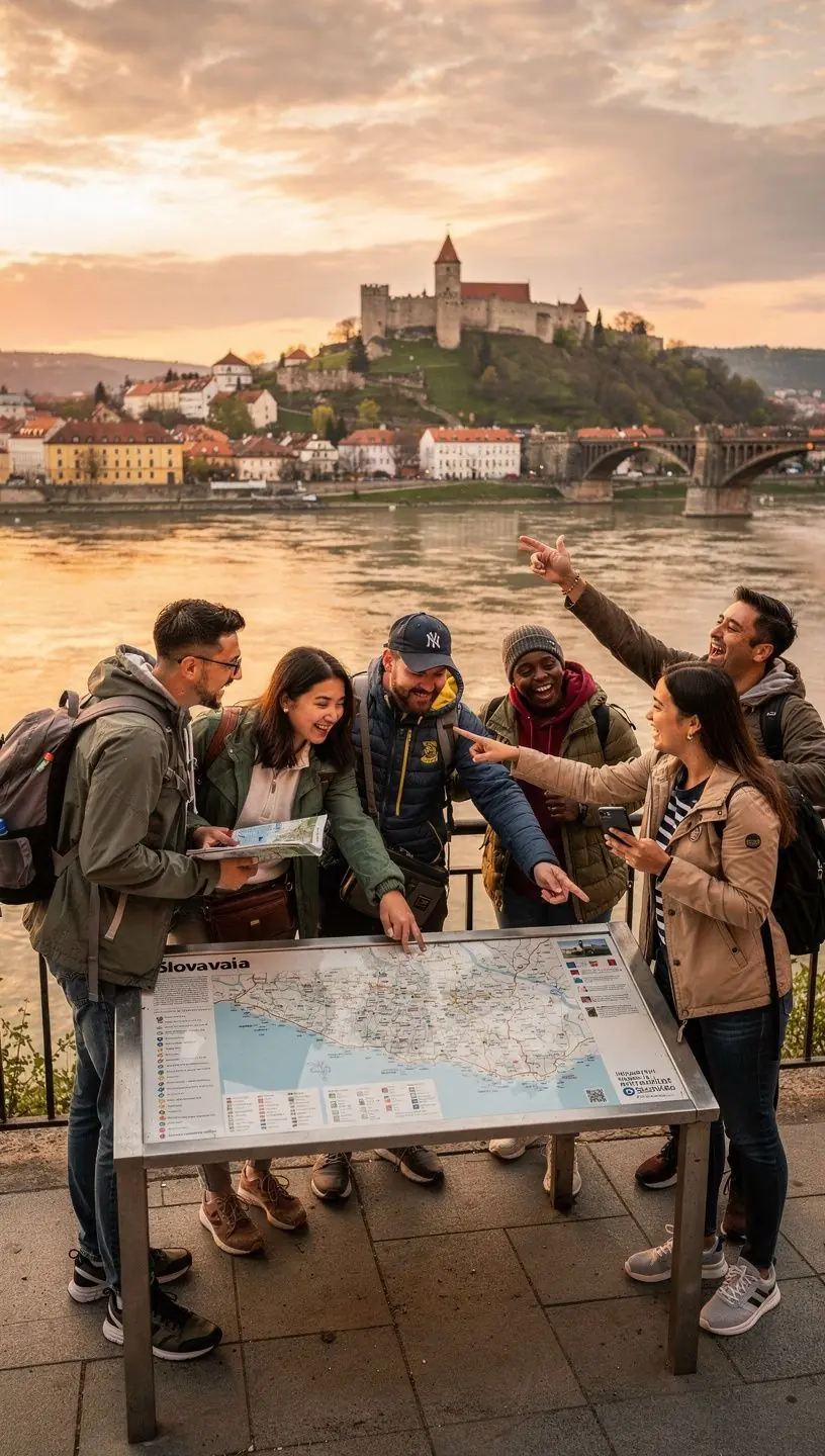 A vibrant sunset casting golden hues over a serene lake, captured from an elevated viewpoint on the travel route.